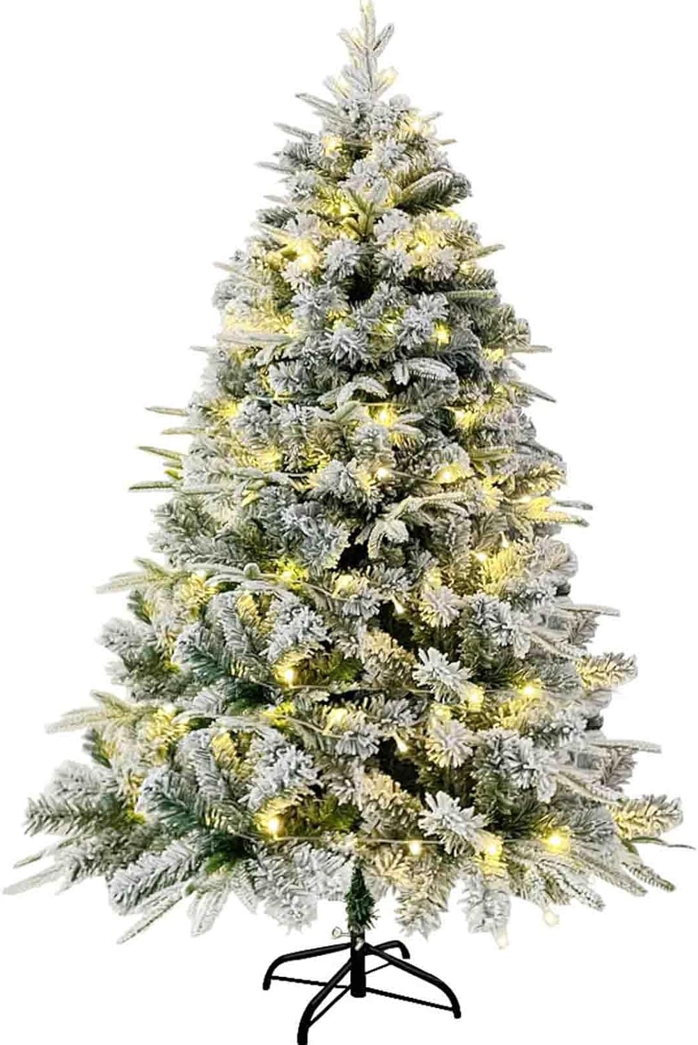 6ft Prelit Flocked Christmas Tree with Lights Pre-Lit Fluffy Artificial Christmas Trees Lighted Snow Flocked Xmas Tree with Foldable Metal Stand for Holiday Indoor Outdoor Home Office Display Decor