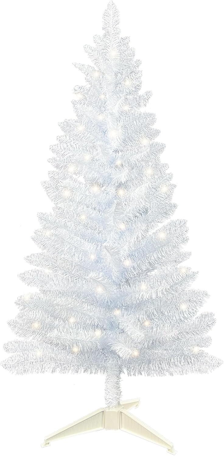 4ft Lighted Artificial White Christmas Tree  Small Fake Christmas Tree, Not Pre-lit White Tinsel Pine Trees with Lights, Ideal for Ideal for Home, Office, and Xmas Party Décor