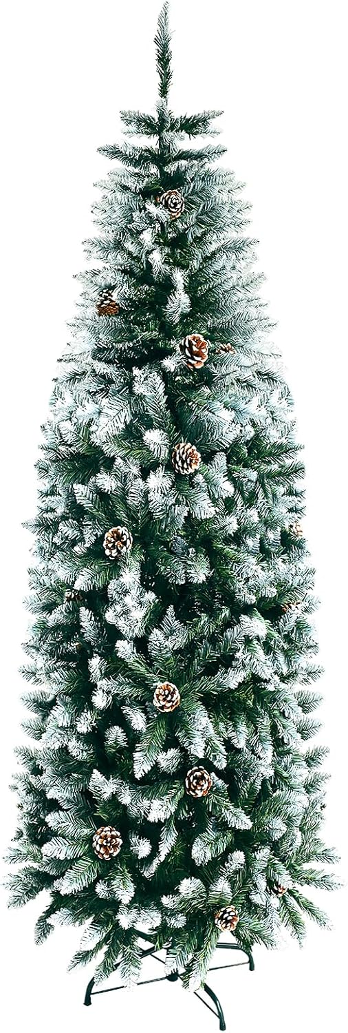 Pencil Christmas Tree 5ft - Upgraded Artificial Slim Christmas Tree, 400 Branch Tips & Metal Stand for Home, Pine Cones, Suitable for Outdoor, Indoor, Office, Festival Decoration