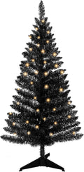 4ft Lighted Halloween Black Christmas Tree  Indoor&Outdoor Christmas Tree, Not Pre-lit Black Tinsel Pine Trees with Lights, Ideal for Ideal for Home, Office, and Halloween Party Décor