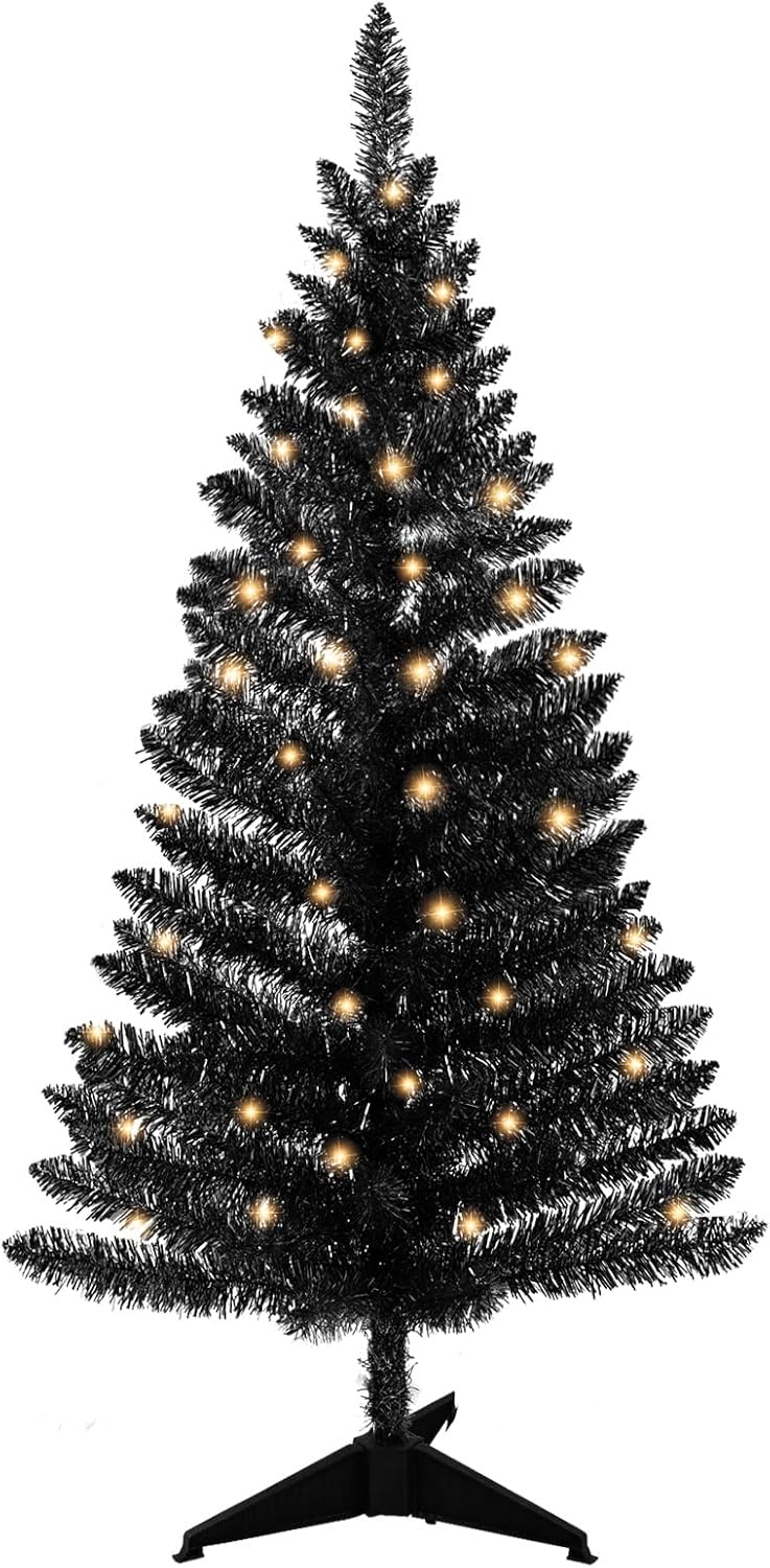 4ft Lighted Halloween Black Christmas Tree  Indoor&Outdoor Christmas Tree, Not Pre-lit Black Tinsel Pine Trees with Lights, Ideal for Ideal for Home, Office, and Halloween Party Décor