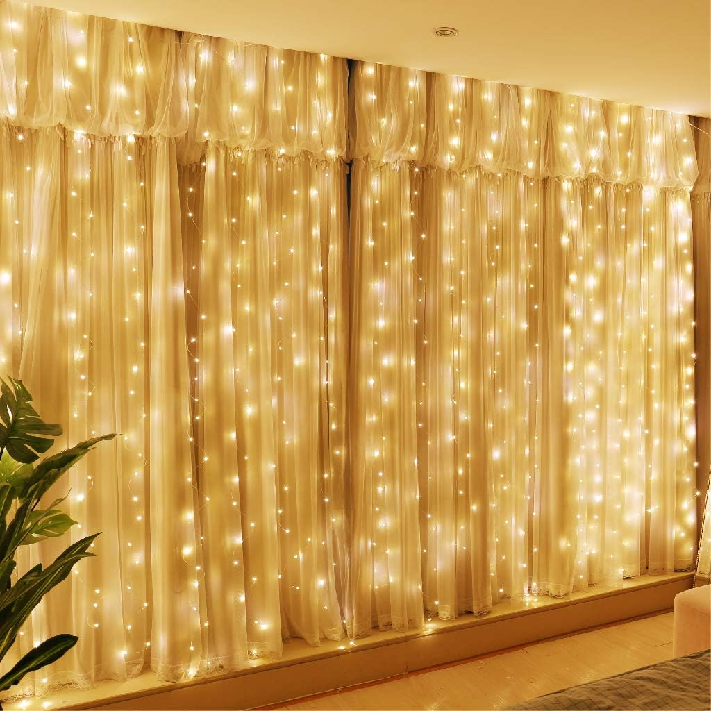 300LED Fairy Curtain Lights, 9.8x9.8Ft Warm White USB Plug in 8 Modes Christmas String Hanging Lights with Remote for Bedroom, Indoor, Outdoor, Weddings, Party