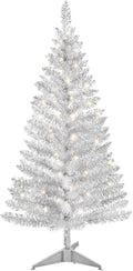 Artificial Christmas Tree with Lights  4ft Lighted Artificial Silver Christmas Tree, Not Pre-lit Silver Tinsel Pine Trees with Lights, Warm White Lights, Sparkling Branch Tips