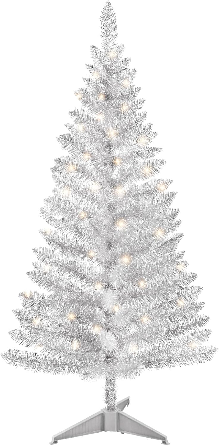Artificial Christmas Tree with Lights  4ft Lighted Artificial Silver Christmas Tree, Not Pre-lit Silver Tinsel Pine Trees with Lights, Warm White Lights, Sparkling Branch Tips