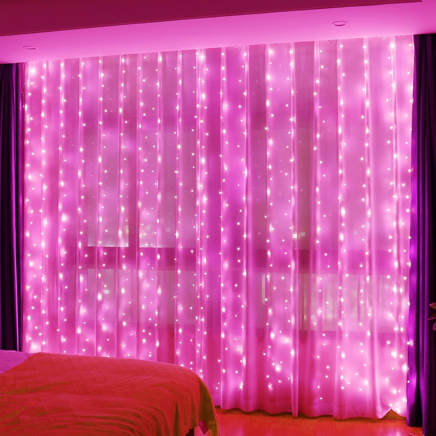 300LED Pink Fairy Curtain Hanging Lights with Remote 8 Modes Timer for Bedroom, 9.8x9.8Ft USB Plug in Christmas Fairy String Lights for Outdoor, Weddings, Party, Garden, Wall, Decorations