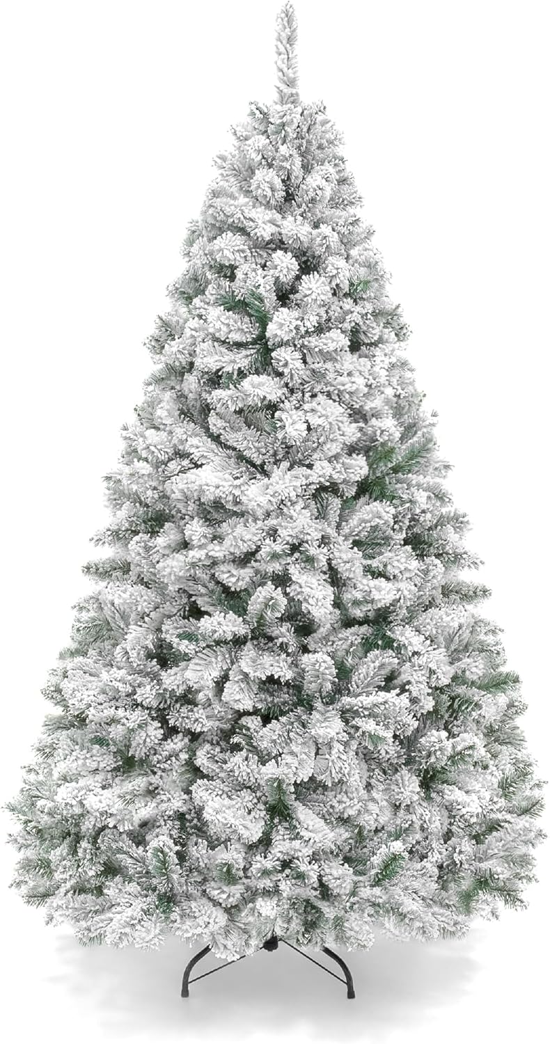 Artificial Christmas Tree, 6ft Unlit Snow Flocked Design Pine Tree, Full Appearance Snowy w/Easy Assembly, Metal Stand