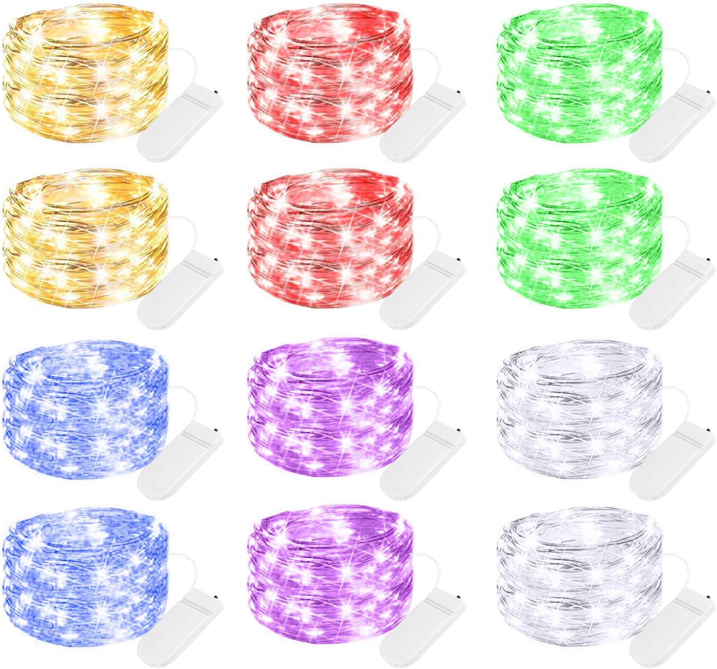 12 Pack Multi Color Led Fairy Lights Battery Operated String Lights Waterproof Silver Wire 7 Feet 20 Led Firefly Starry Moon Lights for DIY Wedding Party Bedroom Patio Christmas