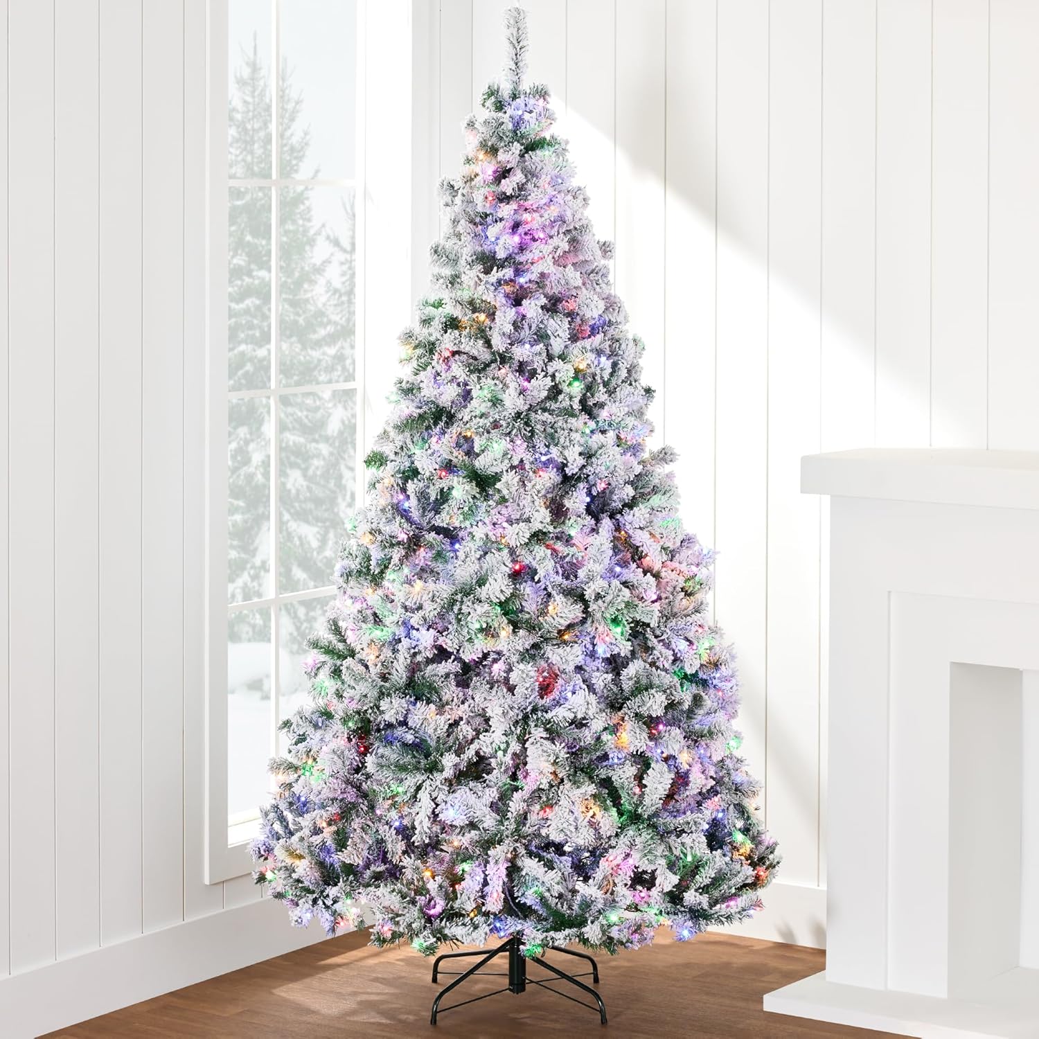 Pre-Lit Artificial Christmas Tree 7.5ft Snow Flocked Pine Tree, 2-in-1 White and Multicolor LED Lights, Full Snowy Appearance