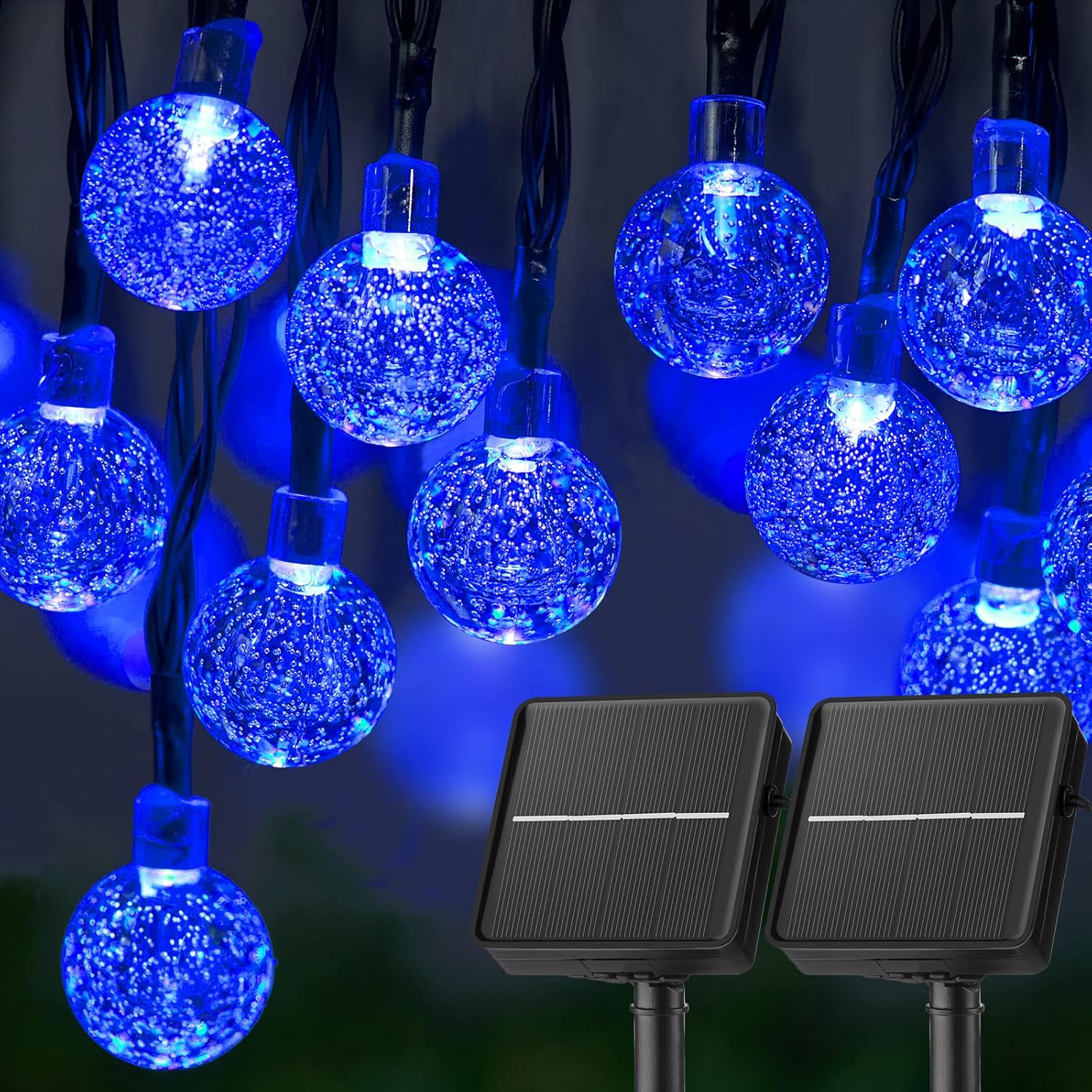 Solar String Lights Outdoor Waterproof, 2 Pack 60 LED 36.5 FT Each, Crystal Globe Lights with 8 Lighting Modes, Solar Powered Patio Lights for Garden Yard Porch Wedding Party Decor (Blue)