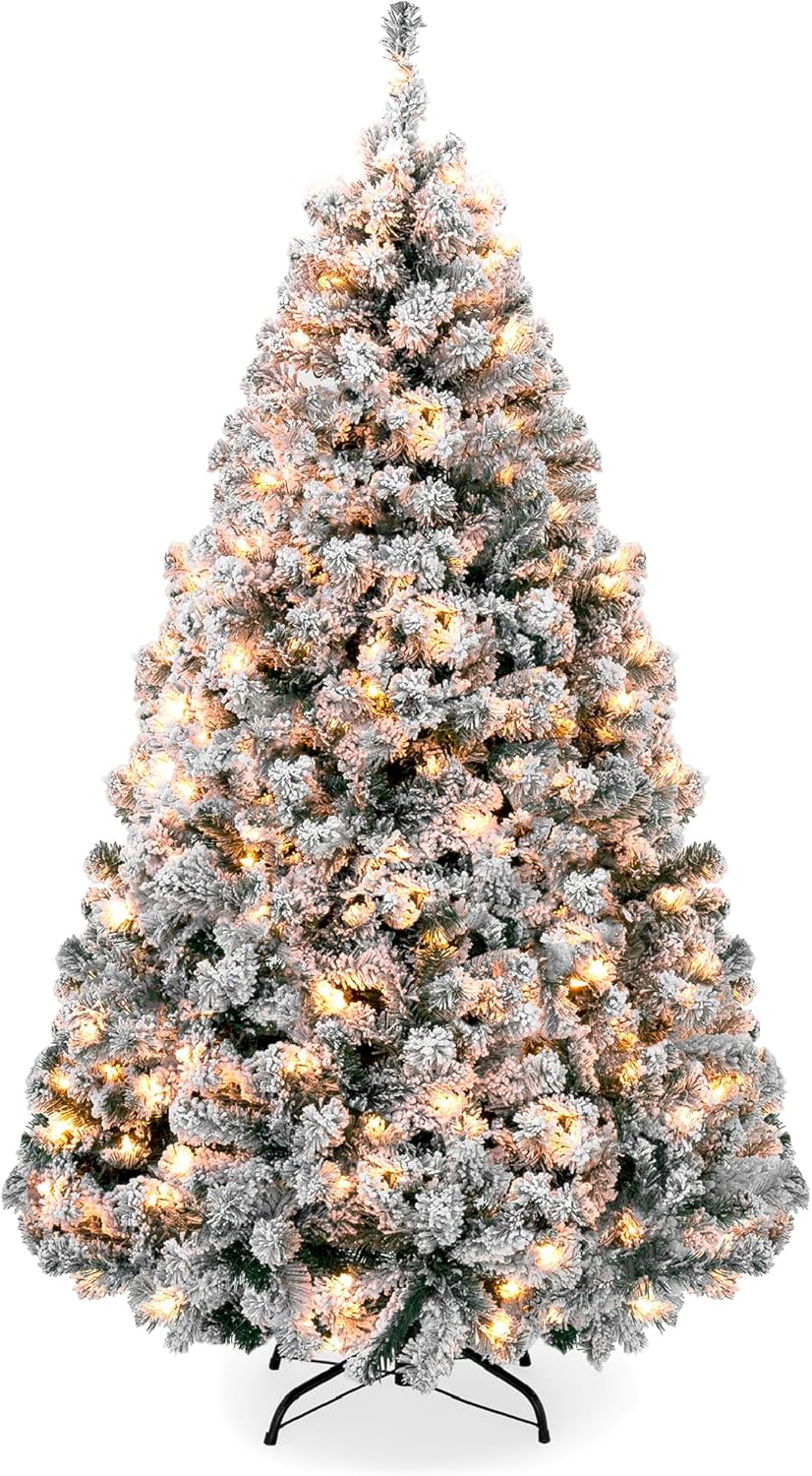 Pre-Lit Artificial Christmas Tree, 7.5ft Snow Flocked Design Pine Tree, Full Appearance Snowy w/Easy Assembly, Metal Stand