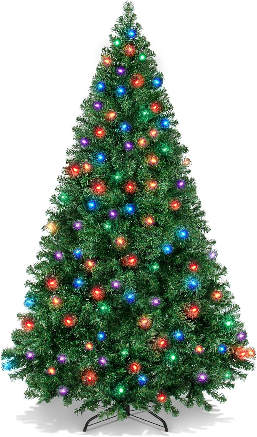 6ft Pre-Lit Christmas Tree Premium Hinged Artificial Pine Lighted Holiday Tree for Home, Office w/ 1,000 Branch Tips, 250 Multicolored LED Lights, Metal Hinges, Foldable Base
