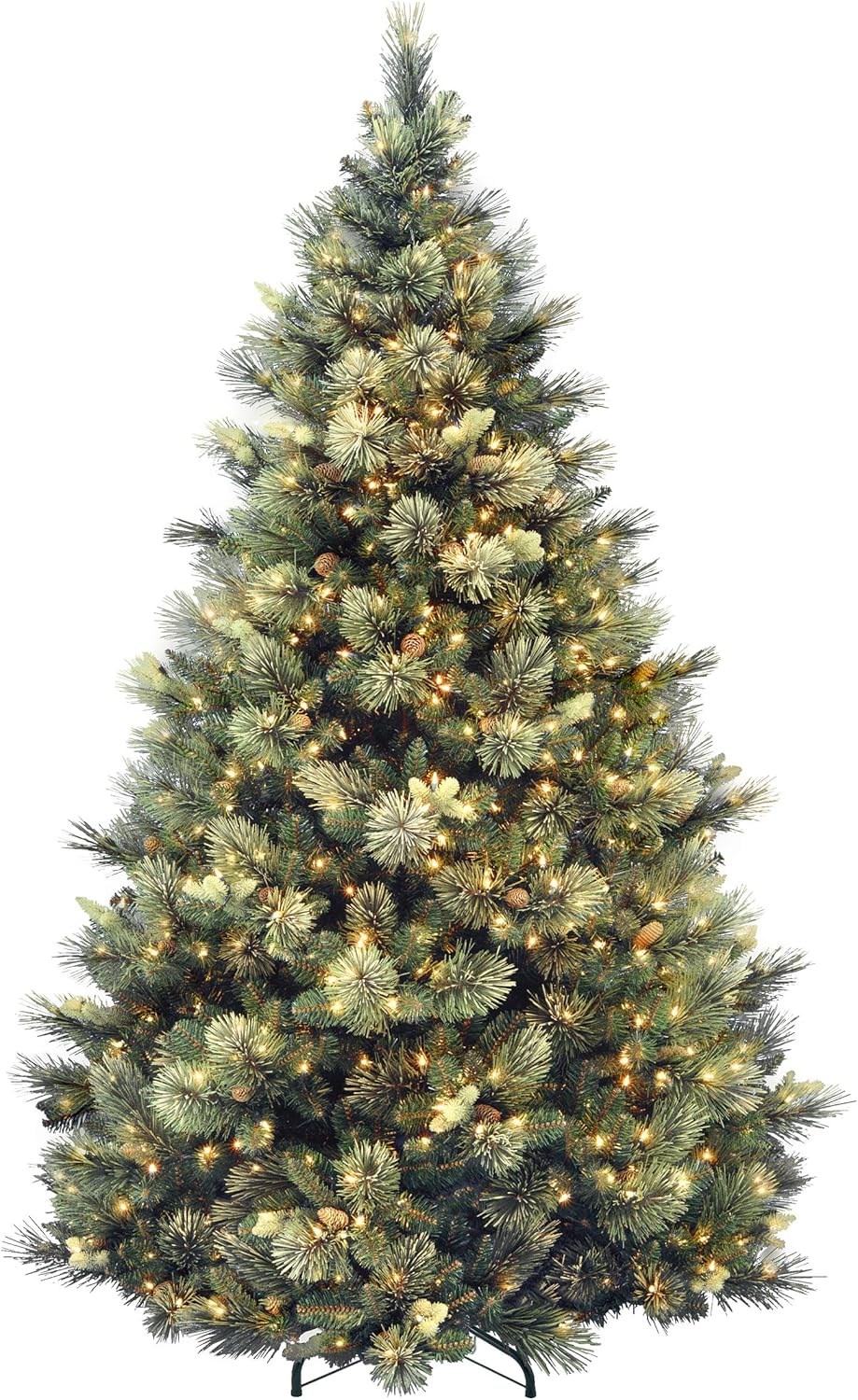 7.5 Foot Artificial Holiday Prelit Christmas Tree w/750 Clear Lights, Pinecones, 1399 Branch Tips and Metal Stand