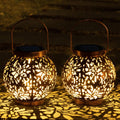 2 Pack Outdoor Solar Hanging Lantern Lights, Waterproof Tabletop Solar Lights with Handle, LED Solar Moroccan Lanterns, Metal Decorative Garden Solar Lights for Patio, Lawn, Porch, Backyard