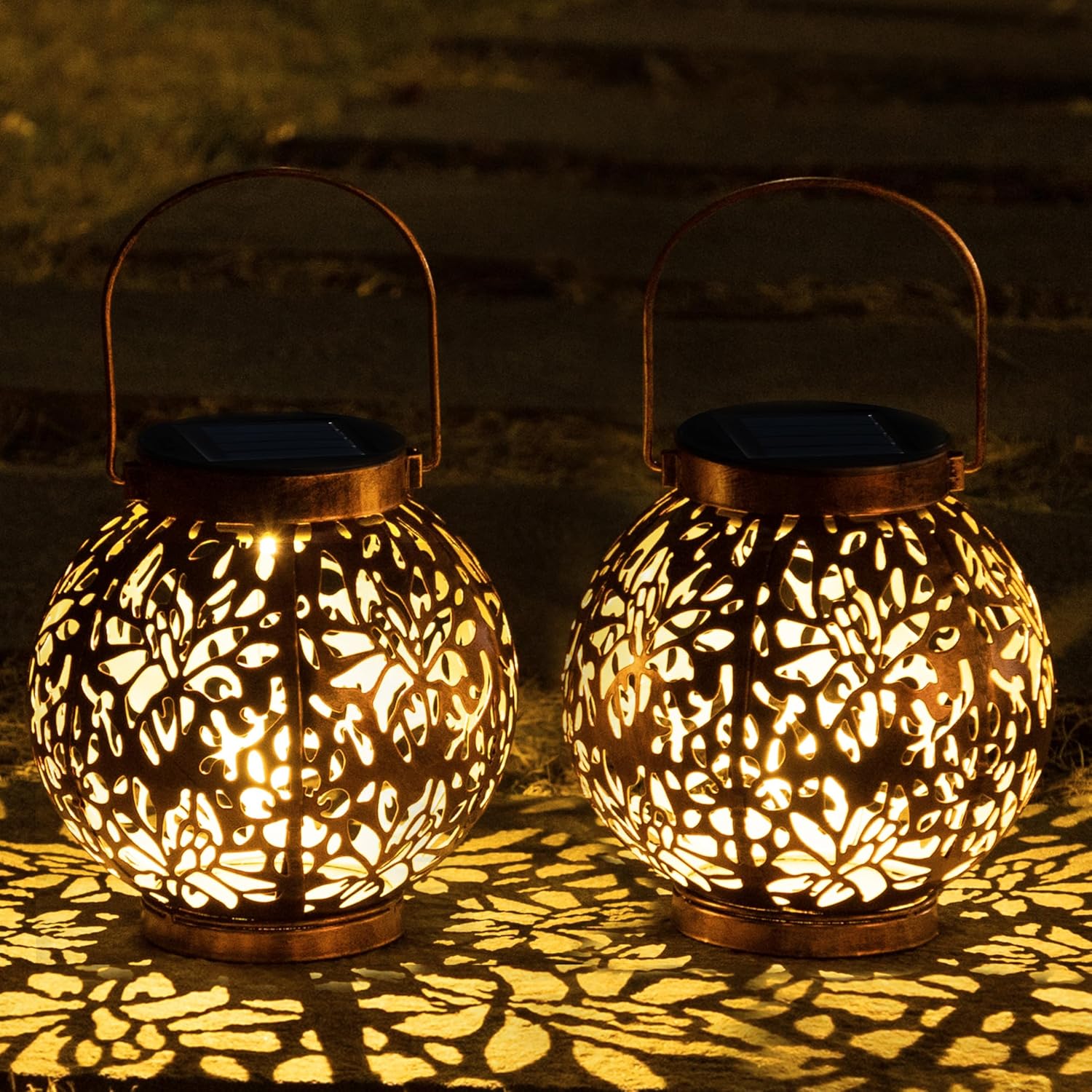 2 Pack Outdoor Solar Hanging Lantern Lights, Waterproof Tabletop Solar Lights with Handle, LED Solar Moroccan Lanterns, Metal Decorative Garden Solar Lights for Patio, Lawn, Porch, Backyard