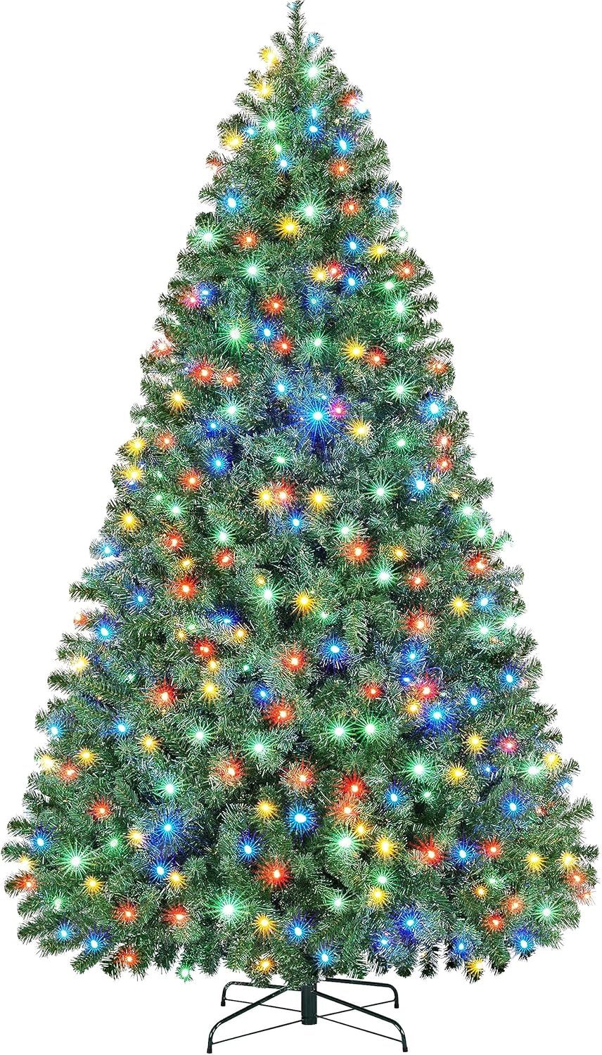 7.5ft Pre-lit Spruce Artificial Christmas Tree Hinges Tree with 550 Multicolor LED Lights & 1354 Branch Tips & Metal Stand for Home, Office, Party Decoration, Green